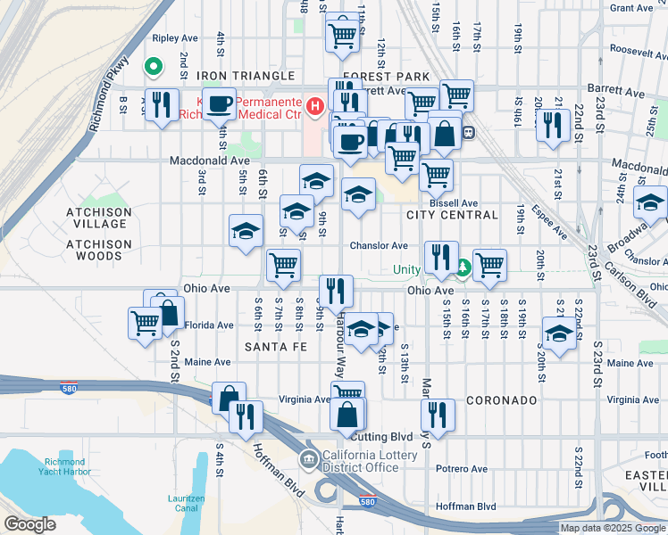 map of restaurants, bars, coffee shops, grocery stores, and more near 25 Harbour Way in Richmond