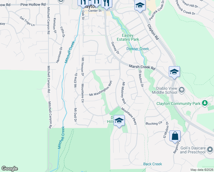 map of restaurants, bars, coffee shops, grocery stores, and more near 31 Mount Rainier Court in Clayton