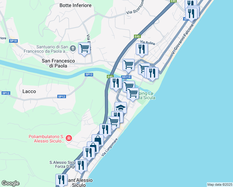 map of restaurants, bars, coffee shops, grocery stores, and more near Via Martineo in Sant'Alessio Siculo