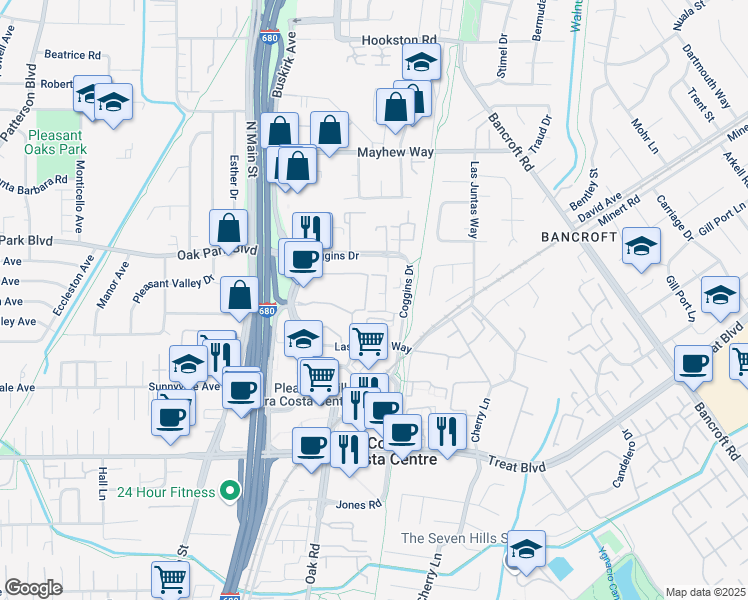 map of restaurants, bars, coffee shops, grocery stores, and more near 3183 Wayside Plaza in Walnut Creek