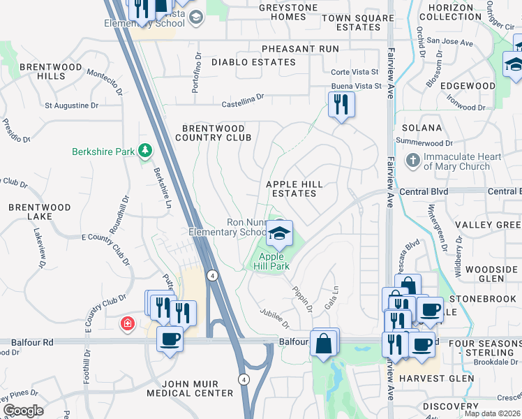 map of restaurants, bars, coffee shops, grocery stores, and more near 454 Apple Hill Drive in Brentwood