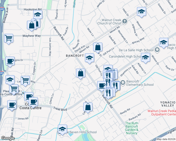 map of restaurants, bars, coffee shops, grocery stores, and more near 860 Bancroft Road in Walnut Creek