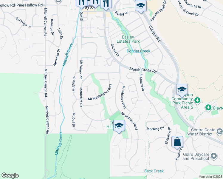map of restaurants, bars, coffee shops, grocery stores, and more near 327 Mt Washington Way in Clayton