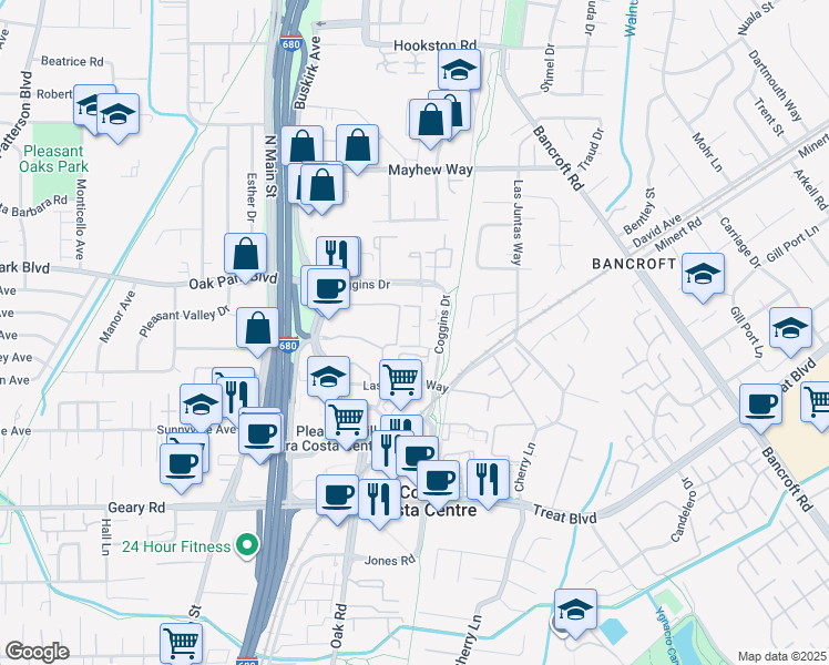 map of restaurants, bars, coffee shops, grocery stores, and more near 3183 Wayside Plaza in Walnut Creek
