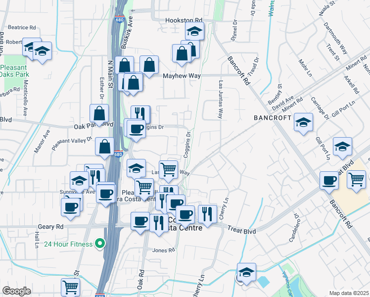 map of restaurants, bars, coffee shops, grocery stores, and more near 3193 Wayside Plaza in Walnut Creek