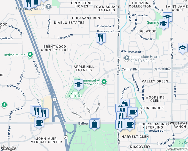 map of restaurants, bars, coffee shops, grocery stores, and more near 805 Devonshire Loop in Brentwood