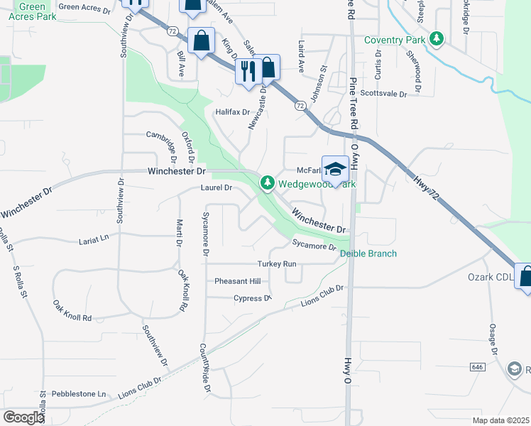 map of restaurants, bars, coffee shops, grocery stores, and more near 1117 Sycamore Drive in Rolla