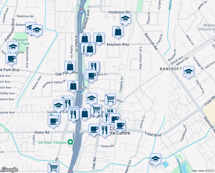 map of restaurants, bars, coffee shops, grocery stores, and more near 3160 Oak Road in Walnut Creek