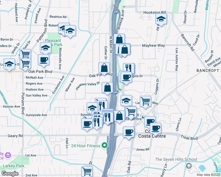 map of restaurants, bars, coffee shops, grocery stores, and more near 3131 North Main Street in Pleasant Hill