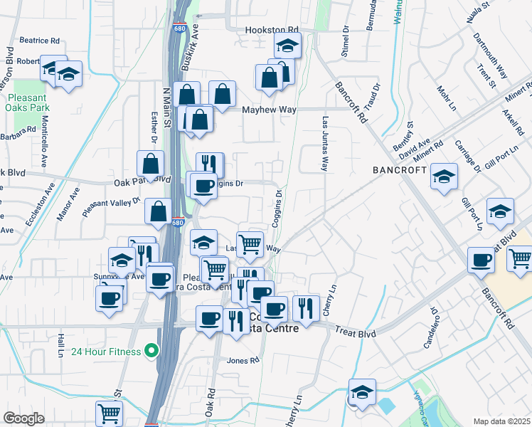 map of restaurants, bars, coffee shops, grocery stores, and more near 3173 Wayside Plaza in Walnut Creek