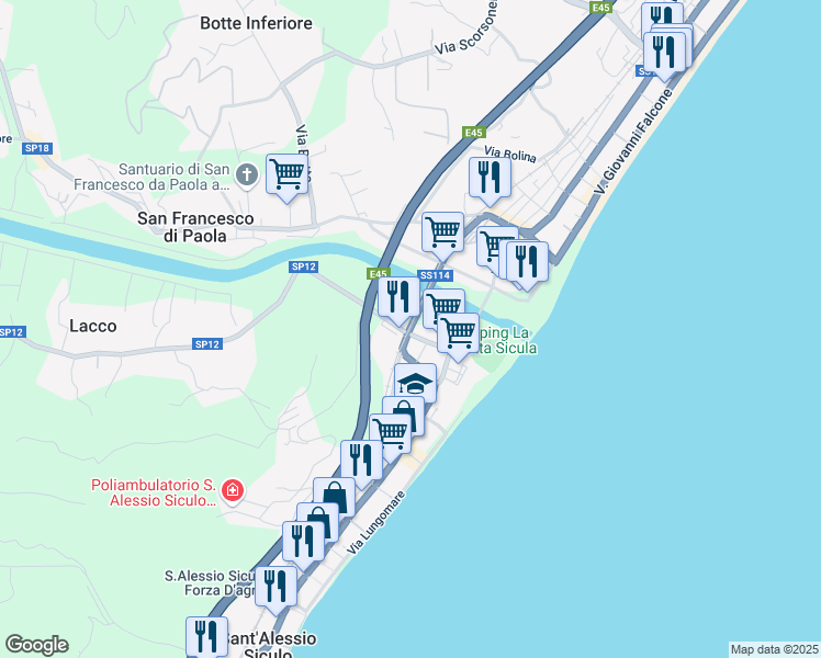 map of restaurants, bars, coffee shops, grocery stores, and more near Via Martineo in Sant'Alessio Siculo