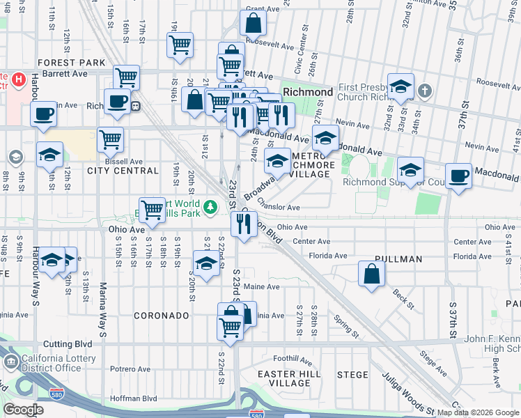 map of restaurants, bars, coffee shops, grocery stores, and more near 2436 Chanslor Avenue in Richmond