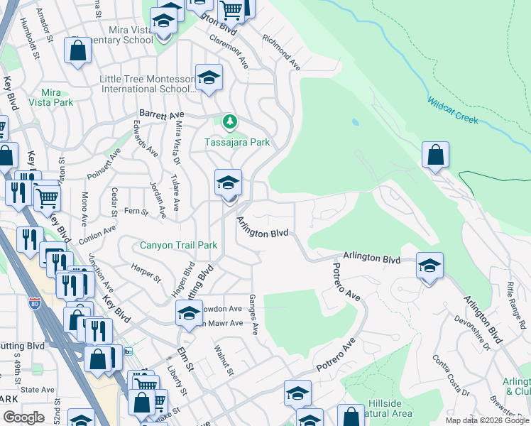 map of restaurants, bars, coffee shops, grocery stores, and more near 7145 View Avenue in El Cerrito
