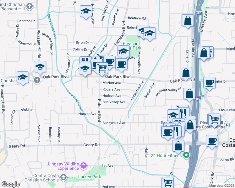 map of restaurants, bars, coffee shops, grocery stores, and more near 3224 Hudson Avenue in Walnut Creek