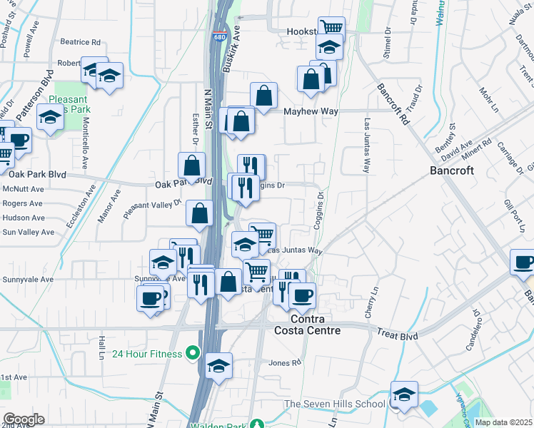 map of restaurants, bars, coffee shops, grocery stores, and more near 3146 Oak Road in Walnut Creek