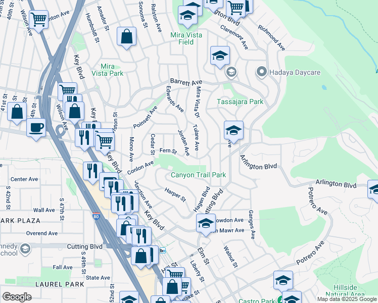 map of restaurants, bars, coffee shops, grocery stores, and more near 5935 Jordan Avenue in El Cerrito