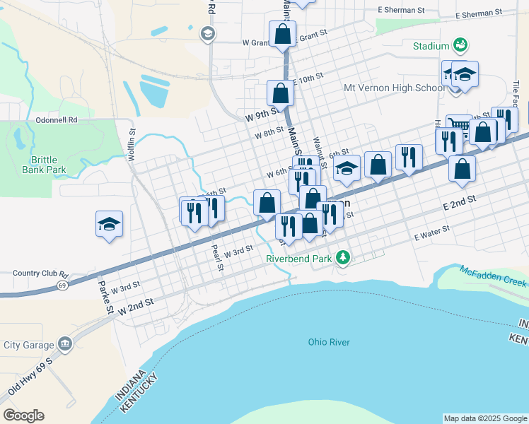 map of restaurants, bars, coffee shops, grocery stores, and more near 401 Mill Street in Mount Vernon