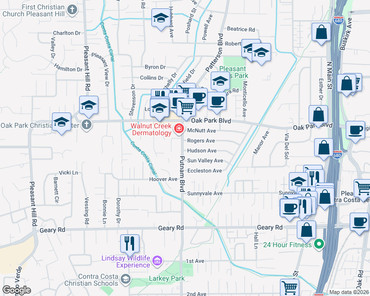 map of restaurants, bars, coffee shops, grocery stores, and more near 3288 Hudson Avenue in Walnut Creek