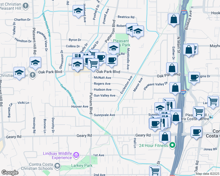 map of restaurants, bars, coffee shops, grocery stores, and more near 3216 Hudson Avenue in Walnut Creek
