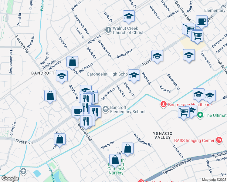 map of restaurants, bars, coffee shops, grocery stores, and more near 2365 Shannon Lane in Walnut Creek