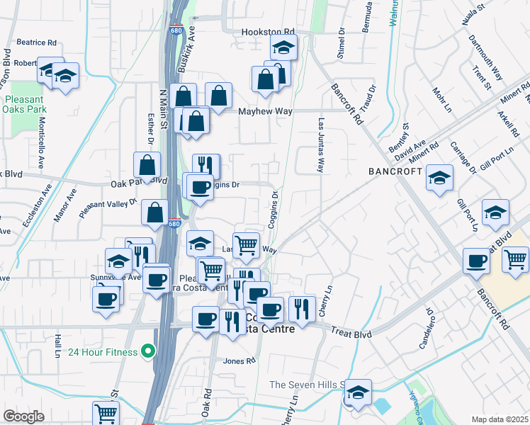 map of restaurants, bars, coffee shops, grocery stores, and more near 3173 Wayside Plaza in Walnut Creek
