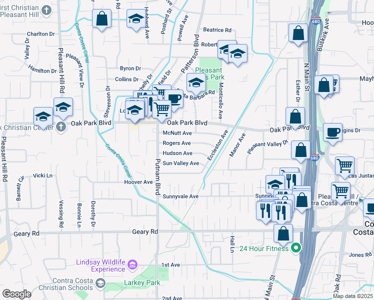 map of restaurants, bars, coffee shops, grocery stores, and more near 3224 Hudson Avenue in Walnut Creek