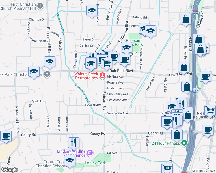 map of restaurants, bars, coffee shops, grocery stores, and more near 3280 Hudson Avenue in Walnut Creek