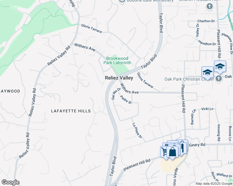 map of restaurants, bars, coffee shops, grocery stores, and more near 1850 Del Rio Drive in Lafayette