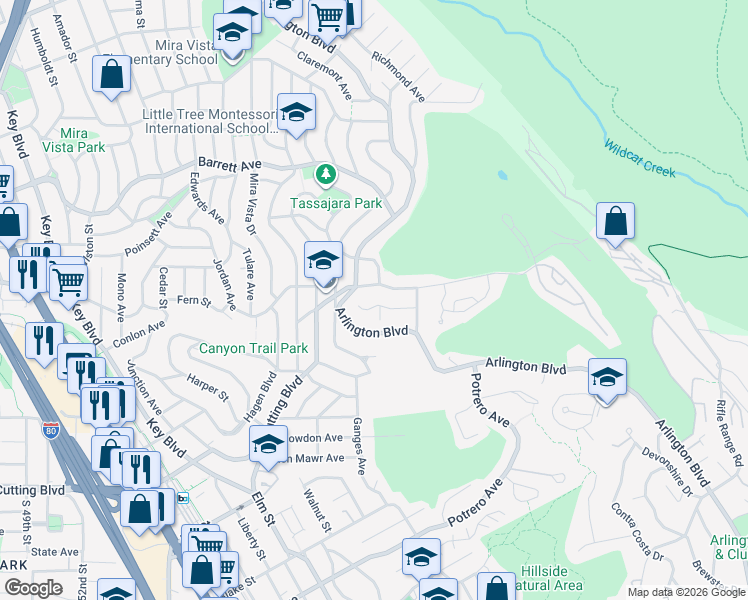 map of restaurants, bars, coffee shops, grocery stores, and more near 7145 View Avenue in El Cerrito