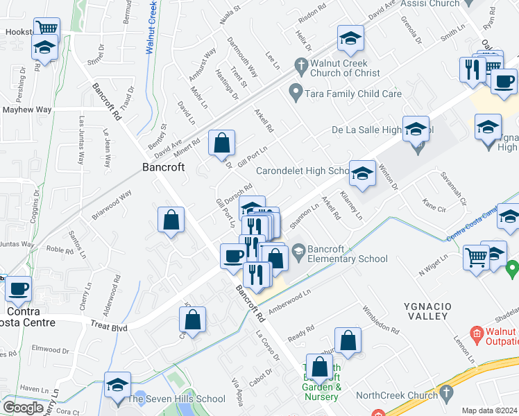 map of restaurants, bars, coffee shops, grocery stores, and more near 1561 Carriage Drive in Walnut Creek