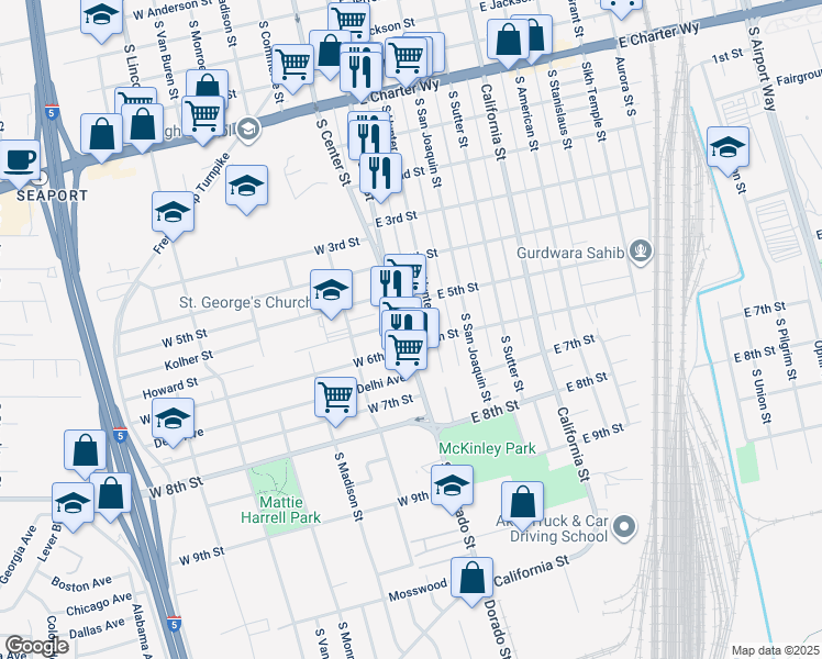 map of restaurants, bars, coffee shops, grocery stores, and more near 1952 South El Dorado Street in Stockton