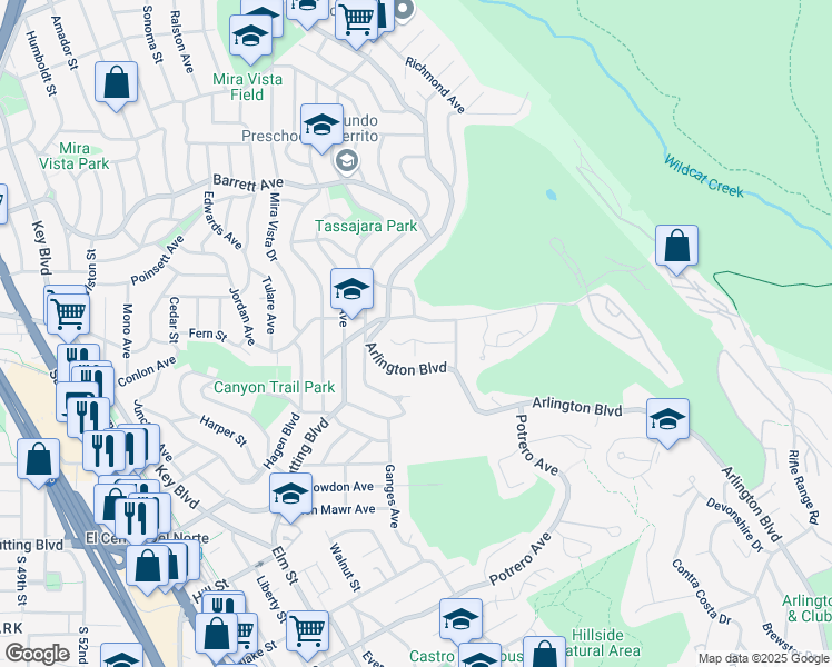 map of restaurants, bars, coffee shops, grocery stores, and more near 7207 View Avenue in El Cerrito