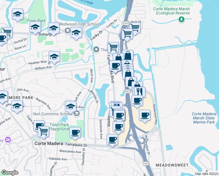 map of restaurants, bars, coffee shops, grocery stores, and more near 28 Council Crest Drive in Corte Madera