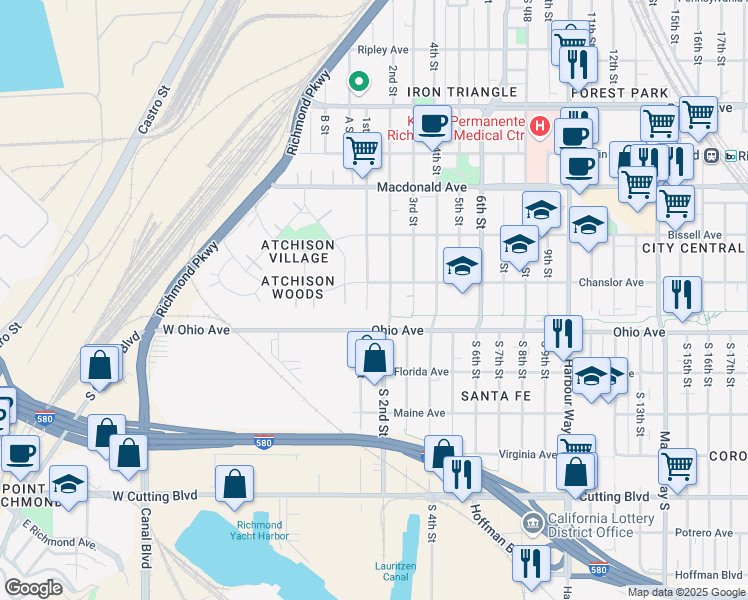 map of restaurants, bars, coffee shops, grocery stores, and more near 22 1st Street in Richmond