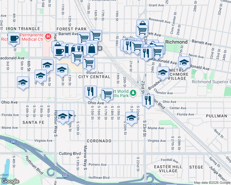 map of restaurants, bars, coffee shops, grocery stores, and more near 19 19th Street in Richmond
