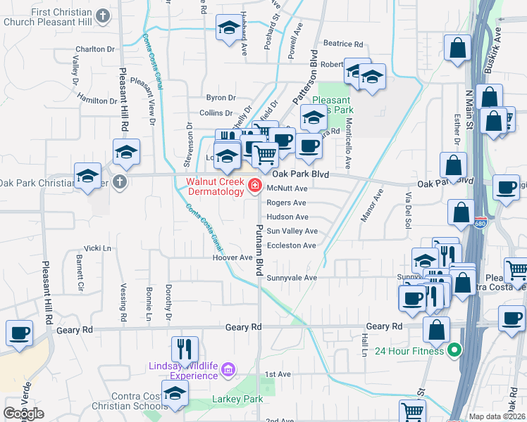 map of restaurants, bars, coffee shops, grocery stores, and more near 3280 Hudson Avenue in Walnut Creek