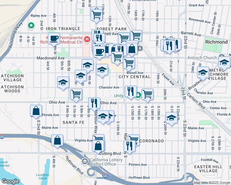 map of restaurants, bars, coffee shops, grocery stores, and more near 38 12th Street in Richmond