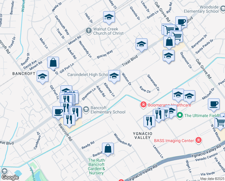 map of restaurants, bars, coffee shops, grocery stores, and more near 1214 Kilarney Lane in Walnut Creek