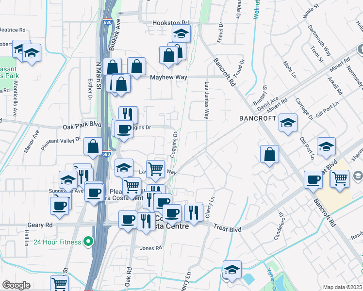 map of restaurants, bars, coffee shops, grocery stores, and more near 178 Calle Nogales in Walnut Creek