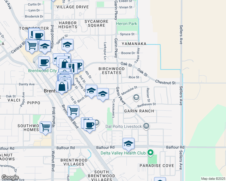 map of restaurants, bars, coffee shops, grocery stores, and more near 474 Silverwood Street in Brentwood