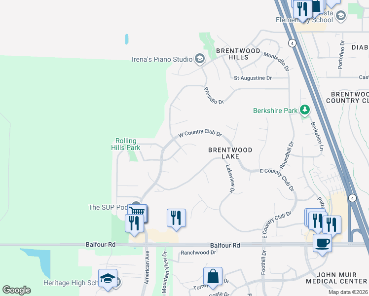 map of restaurants, bars, coffee shops, grocery stores, and more near 606 Ralston Court in Brentwood