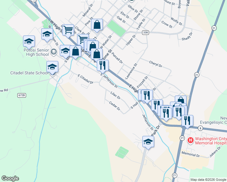 map of restaurants, bars, coffee shops, grocery stores, and more near 312 Lilac Drive in Potosi