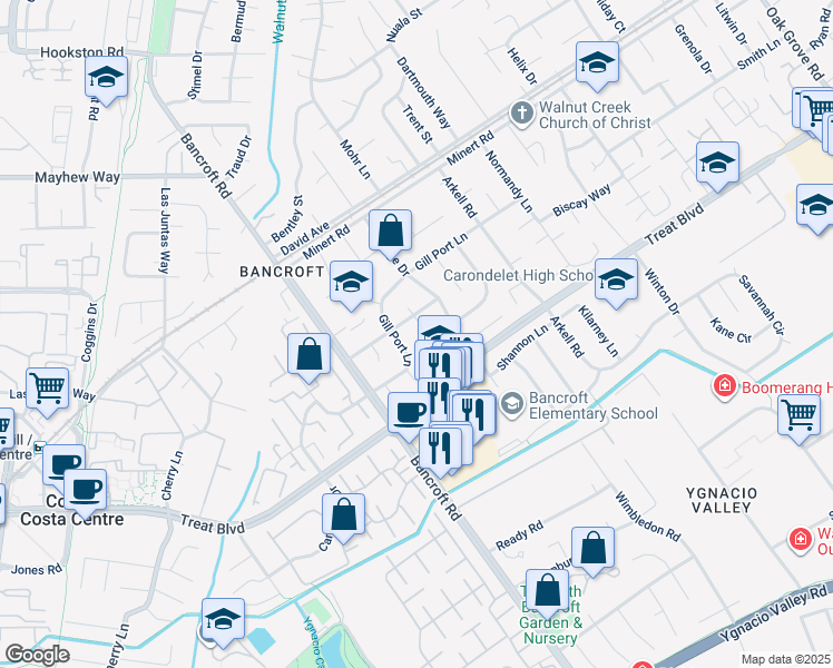 map of restaurants, bars, coffee shops, grocery stores, and more near 1661 Surrey Court in Walnut Creek