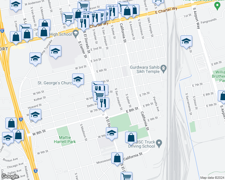 map of restaurants, bars, coffee shops, grocery stores, and more near 231 East 6th Street in Stockton