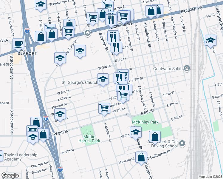 map of restaurants, bars, coffee shops, grocery stores, and more near 55 Howard Street in Stockton
