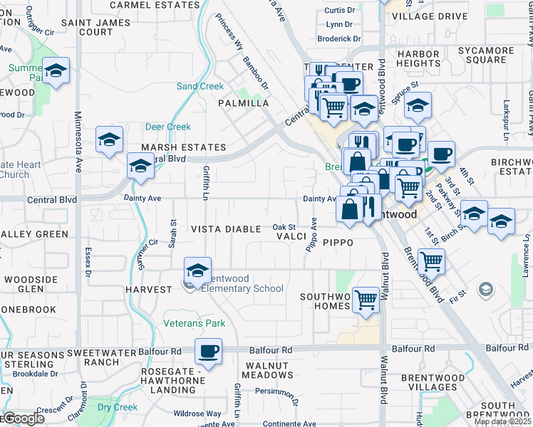 map of restaurants, bars, coffee shops, grocery stores, and more near 906 Dainty Avenue in Brentwood