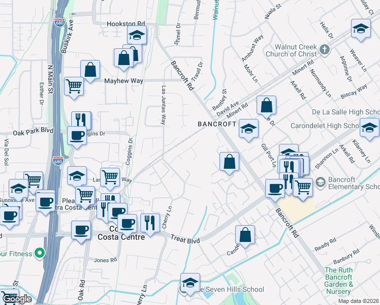 map of restaurants, bars, coffee shops, grocery stores, and more near 11 Briarwood Court in Walnut Creek
