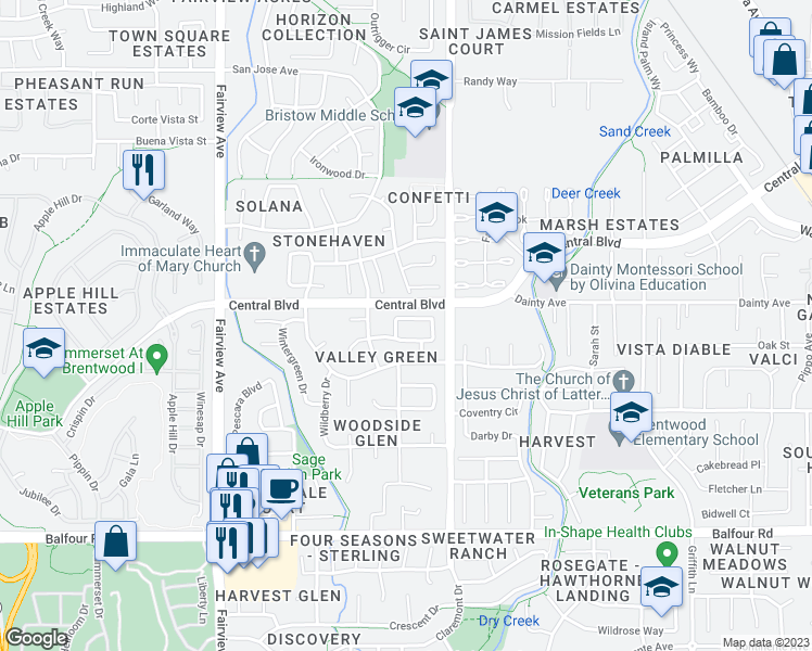map of restaurants, bars, coffee shops, grocery stores, and more near 1180 Amanda Circle in Brentwood