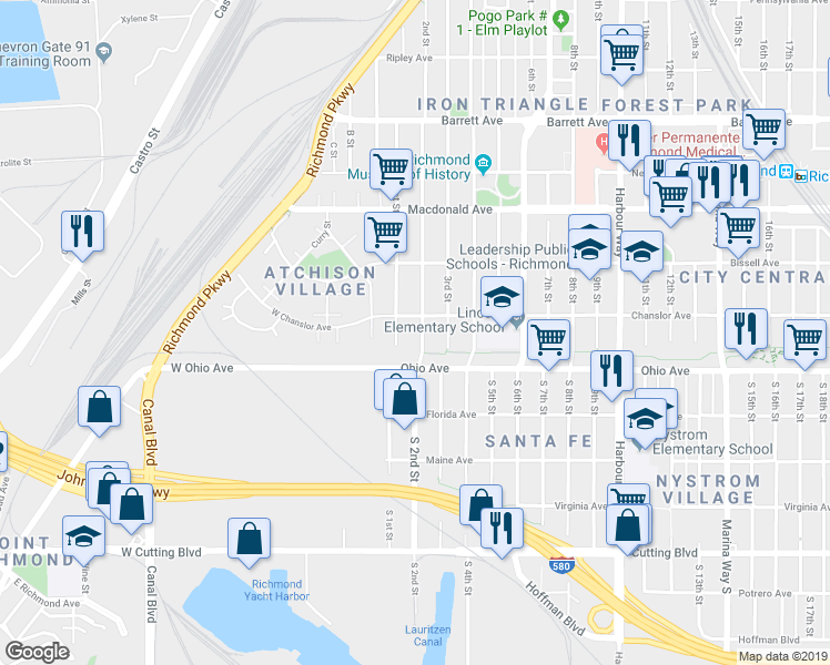 map of restaurants, bars, coffee shops, grocery stores, and more near 31 2nd Street in Richmond