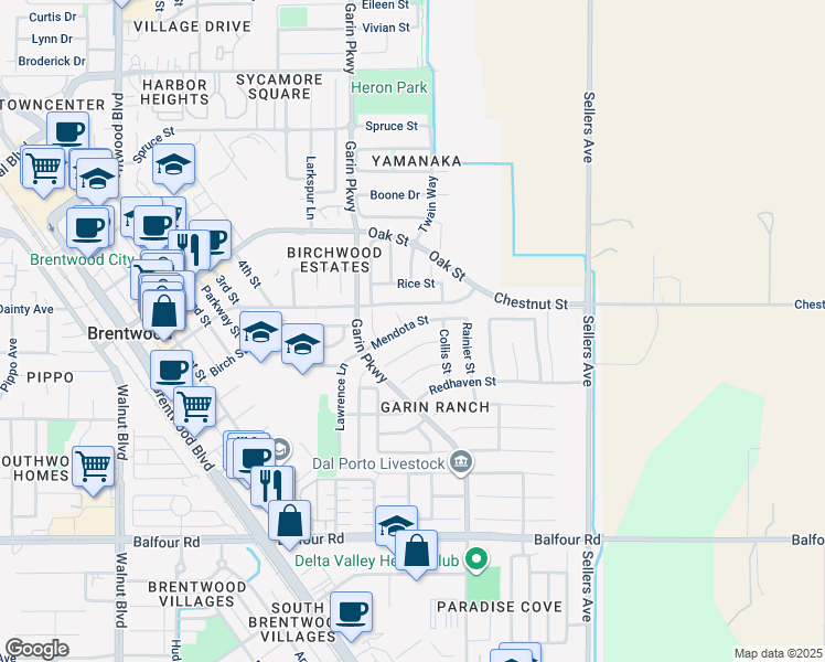 map of restaurants, bars, coffee shops, grocery stores, and more near 532 Mendota Street in Brentwood
